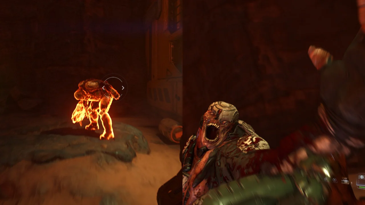 DOOM 2016 Glory Kill gameplay showing the Doom Slayer executing a demon during combat.
