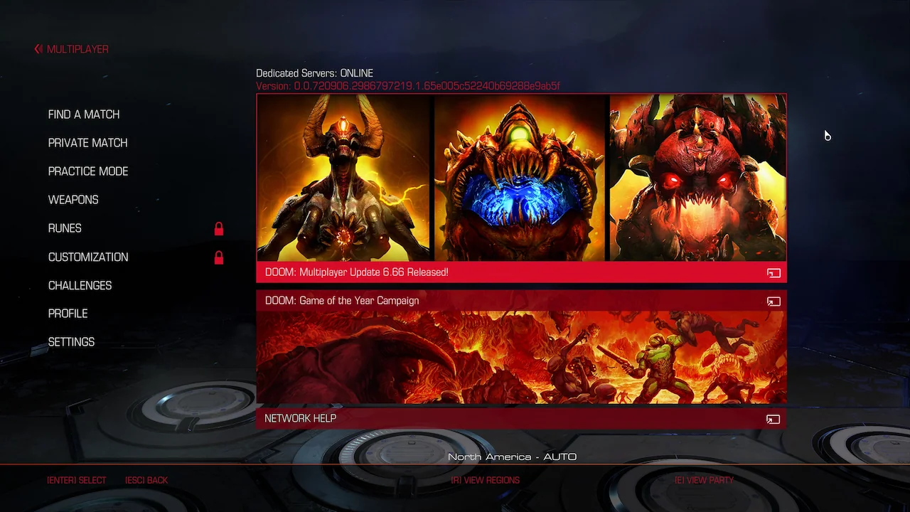DOOM 2016 multiplayer menu showing online modes, dedicated servers, and match options.