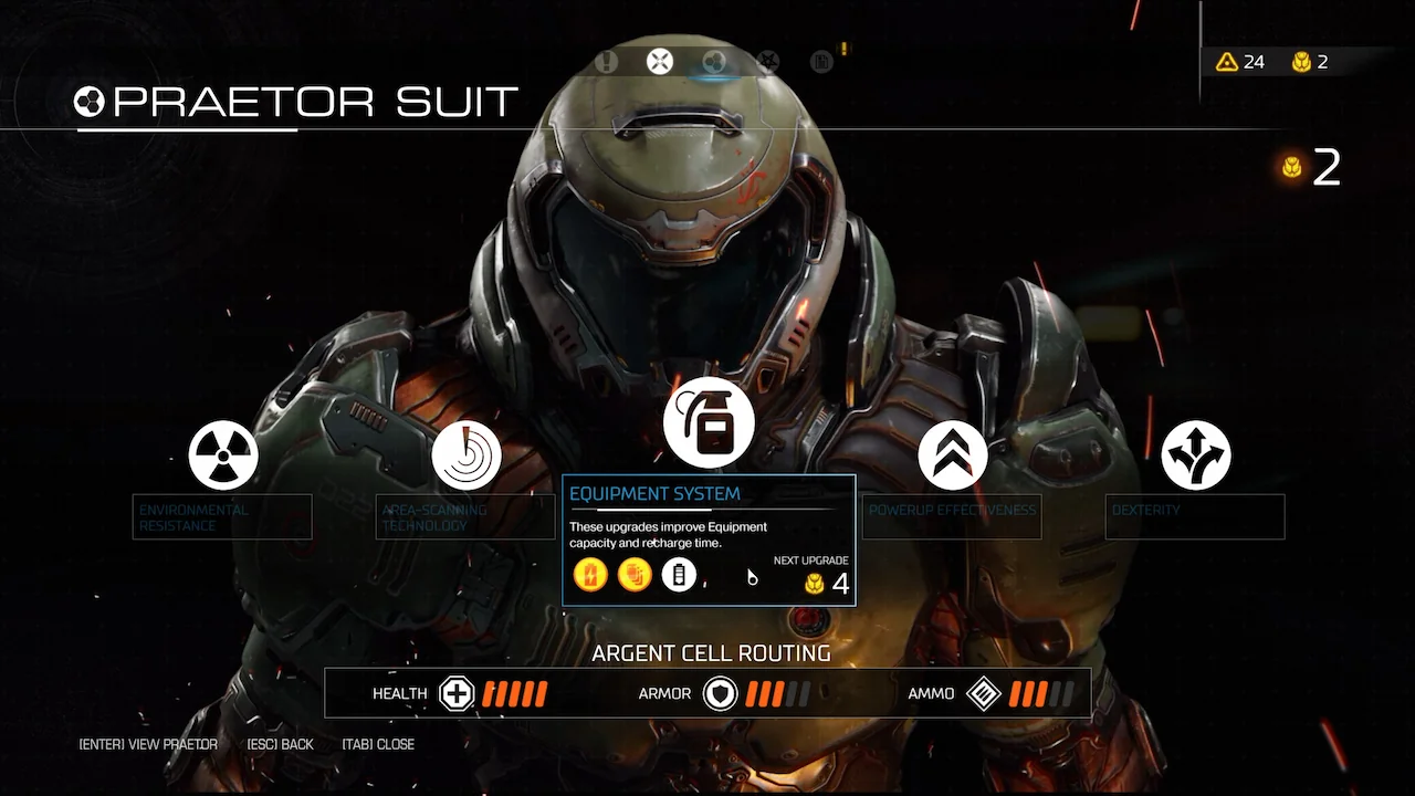 DOOM 2016 Praetor Suit menu showing armor upgrades, equipment system, and Argent Cell routing.
