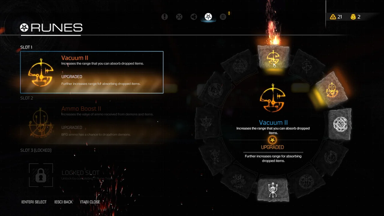 DOOM 2016 rune upgrade menu showing passive abilities and rune progression.