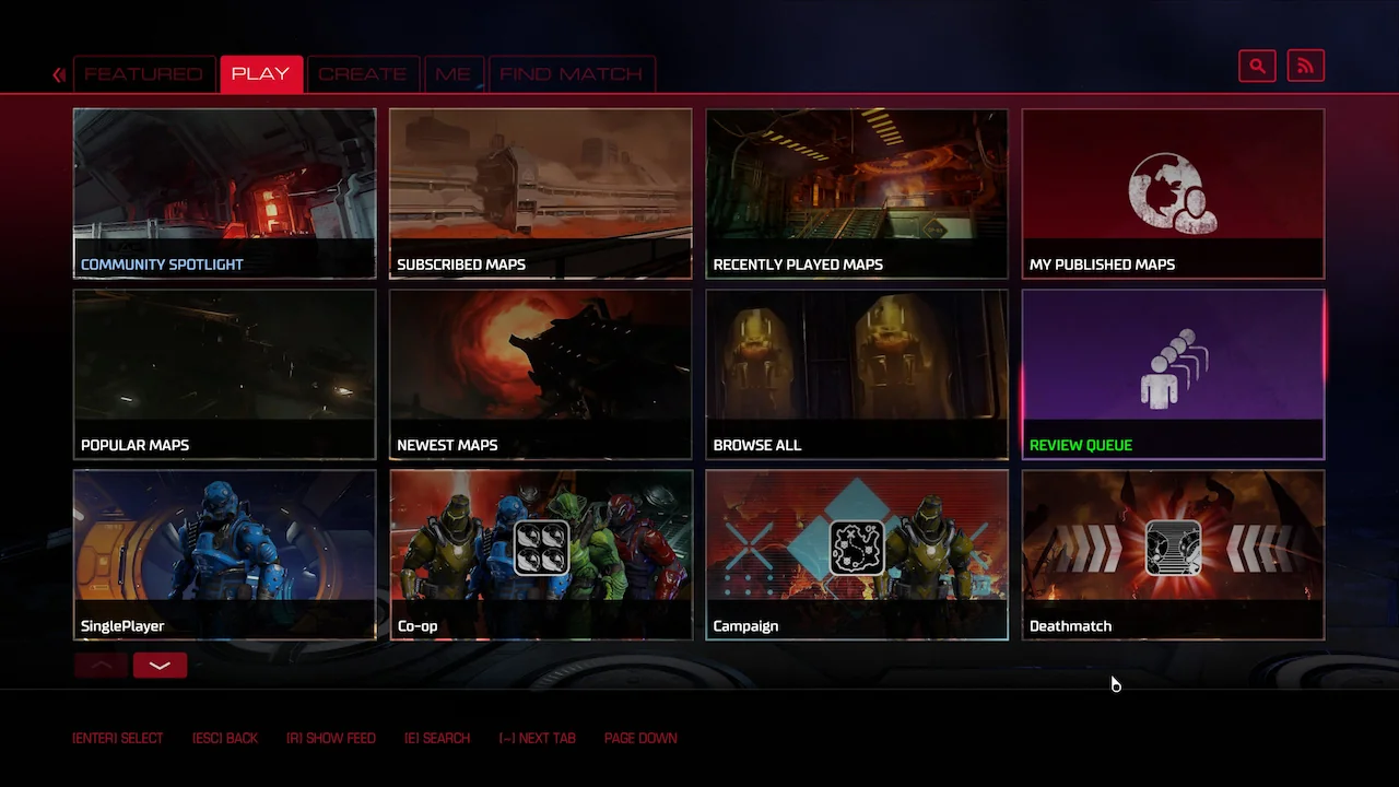 DOOM 2016 SnapMap menu showing custom maps, community maps, co-op, campaign, and deathmatch options.
