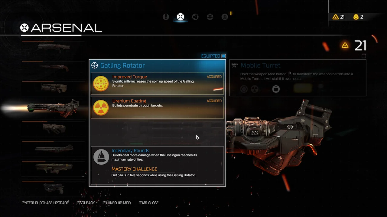 DOOM 2016 weapon upgrade screen showing Chaingun arsenal upgrades and mod progression.