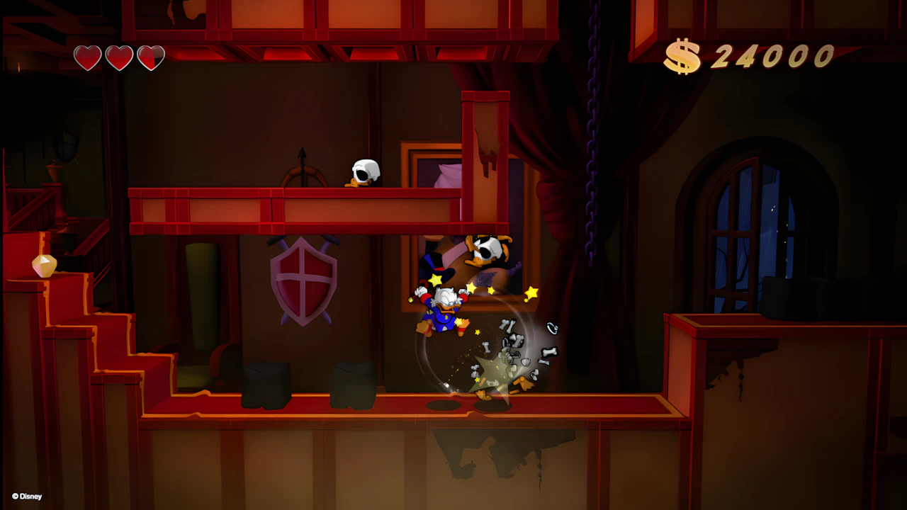 Scrooge McDuck battles a skeleton in DuckTales Remastered's Transylvania level, showing 2.5D platformer combat.