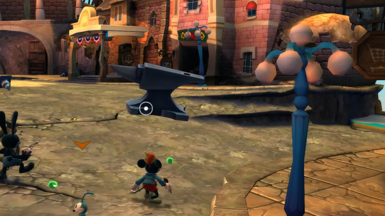 Epic Mickey 2 Anvil Sketch gameplay showing Mickey using an anvil as a cartoon tool during combat or puzzles.