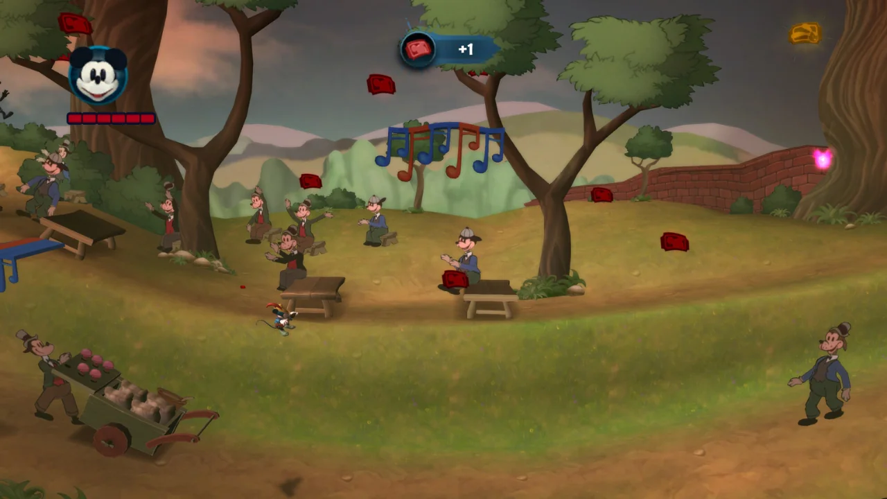 Epic Mickey 2 classic cartoon-style level with Mickey and Oswald in a Disney-inspired environment.