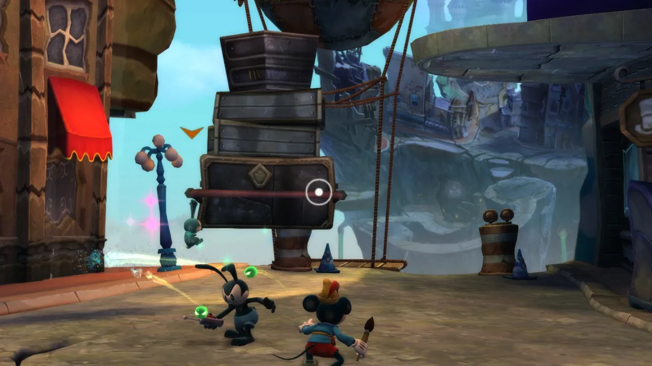 Epic Mickey 2 Fairy Sketch gameplay showing Mickey and Oswald solving an environmental puzzle.