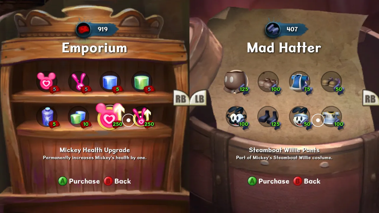 Epic Mickey 2 shop menu showing money, upgrades, costumes, and collectible progression.