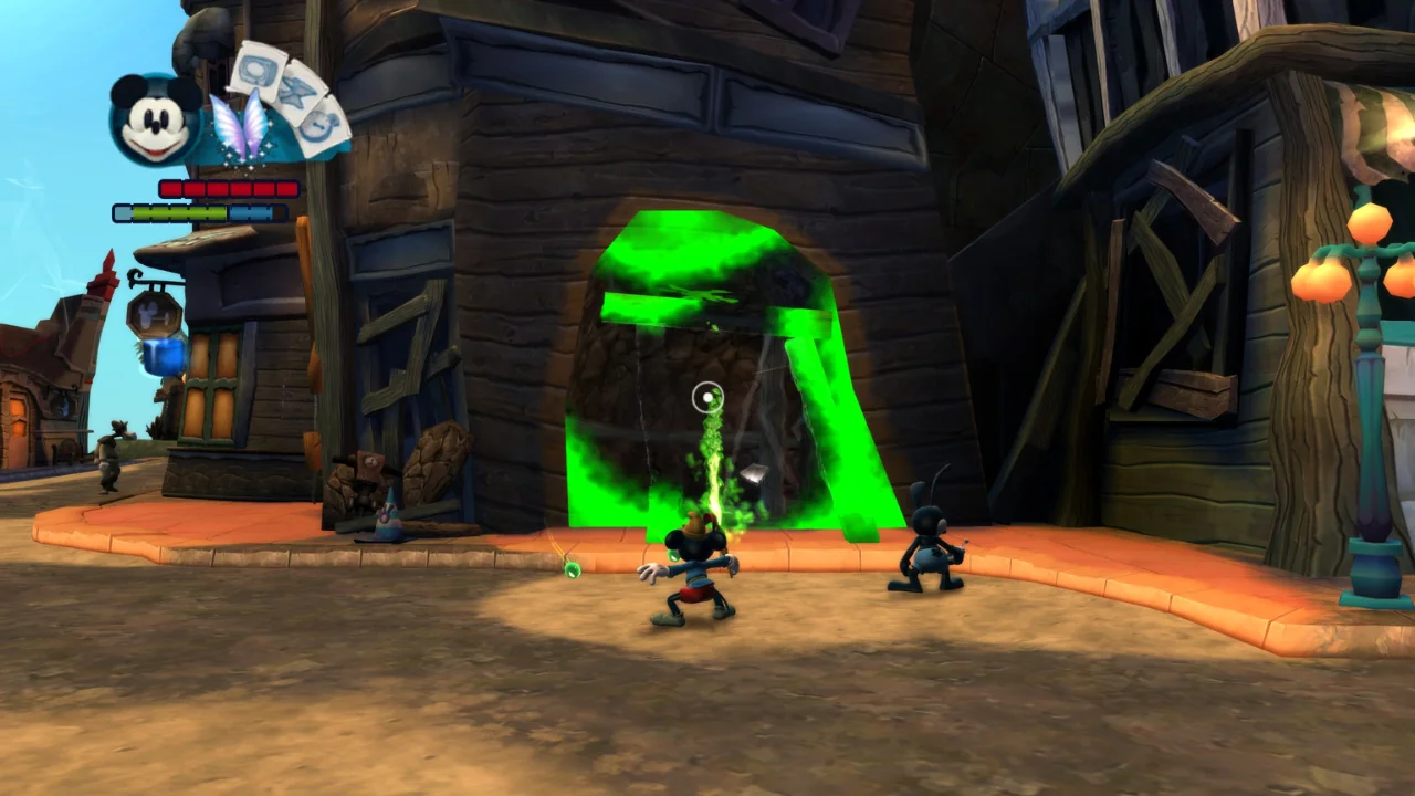 Epic Mickey 2 hidden path gameplay showing paint and thinner used to reveal a secret area.