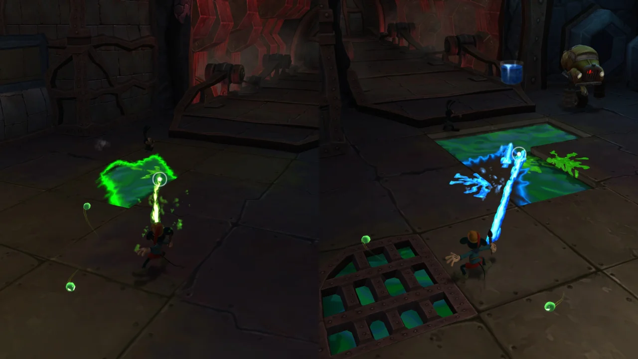 Mickey using paint and thinner during an Epic Mickey 2 gameplay puzzle with Oswald nearby.