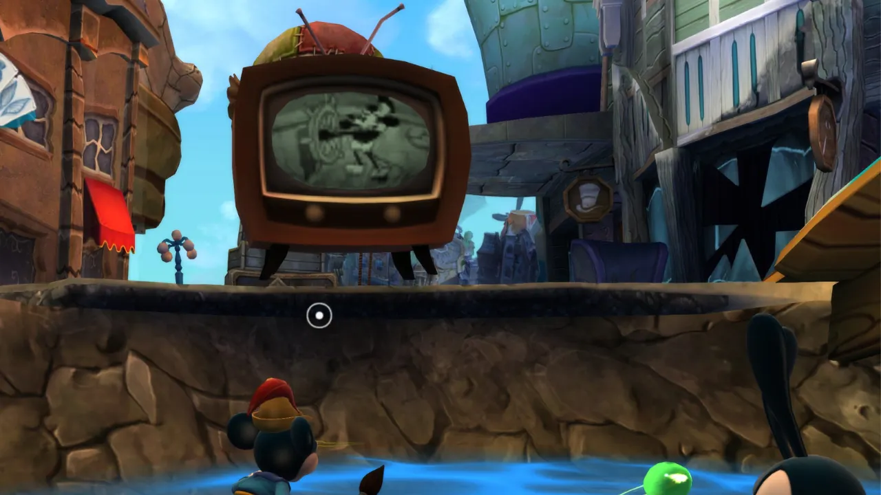 Epic Mickey 2 TV Sketch gameplay showing Mickey using a temporary television to interact with enemies and puzzles.
