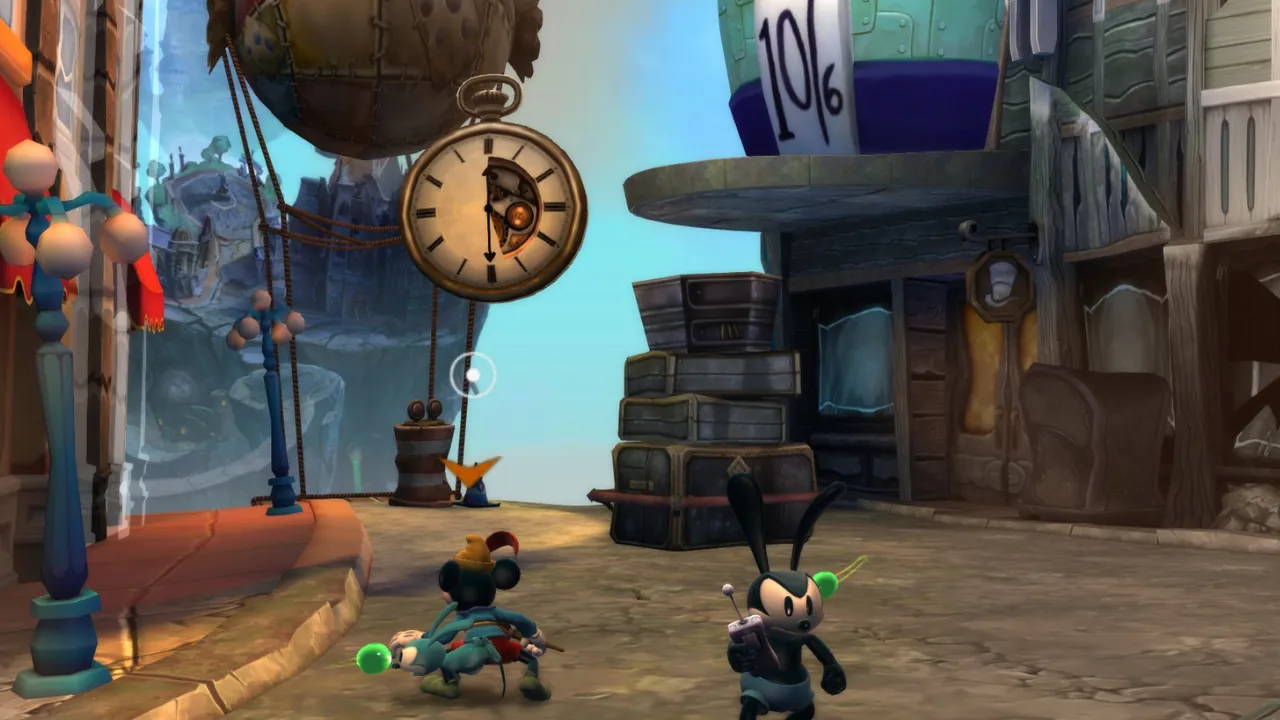 Epic Mickey 2 Watch Sketch gameplay showing Mickey using time manipulation during exploration or combat.