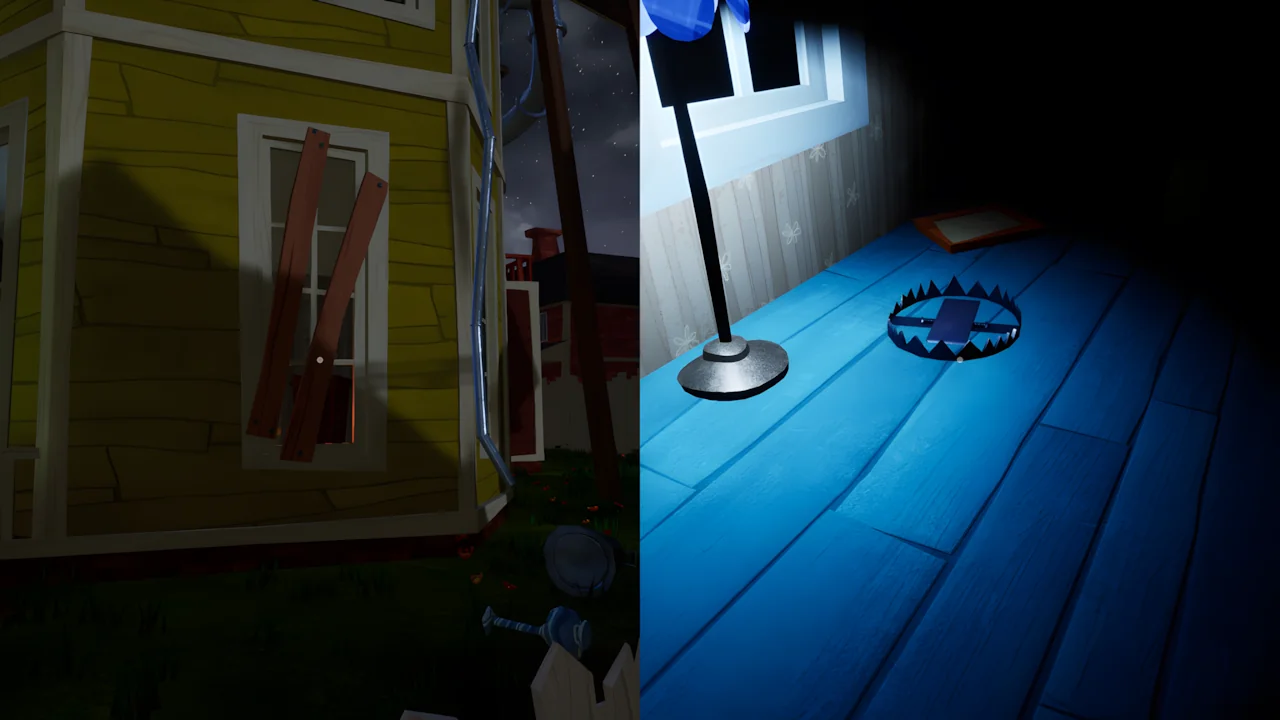 Screenshot from Hello Neighbor showing the exterior of the neighbor's boarded-up house and an interior room with a bear trap.