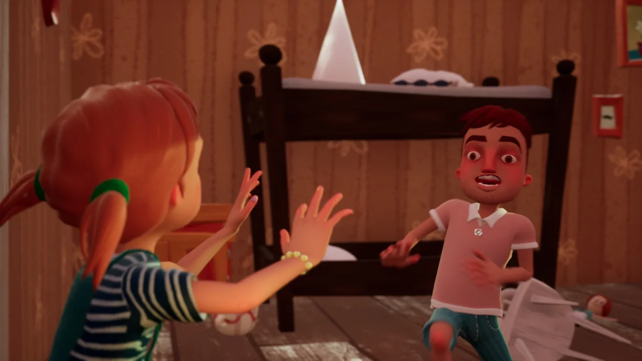 Two stylized 3D animated children, a girl with pigtails and a boy with wide eyes, reacting with surprise in a bedroom with a bunk bed.