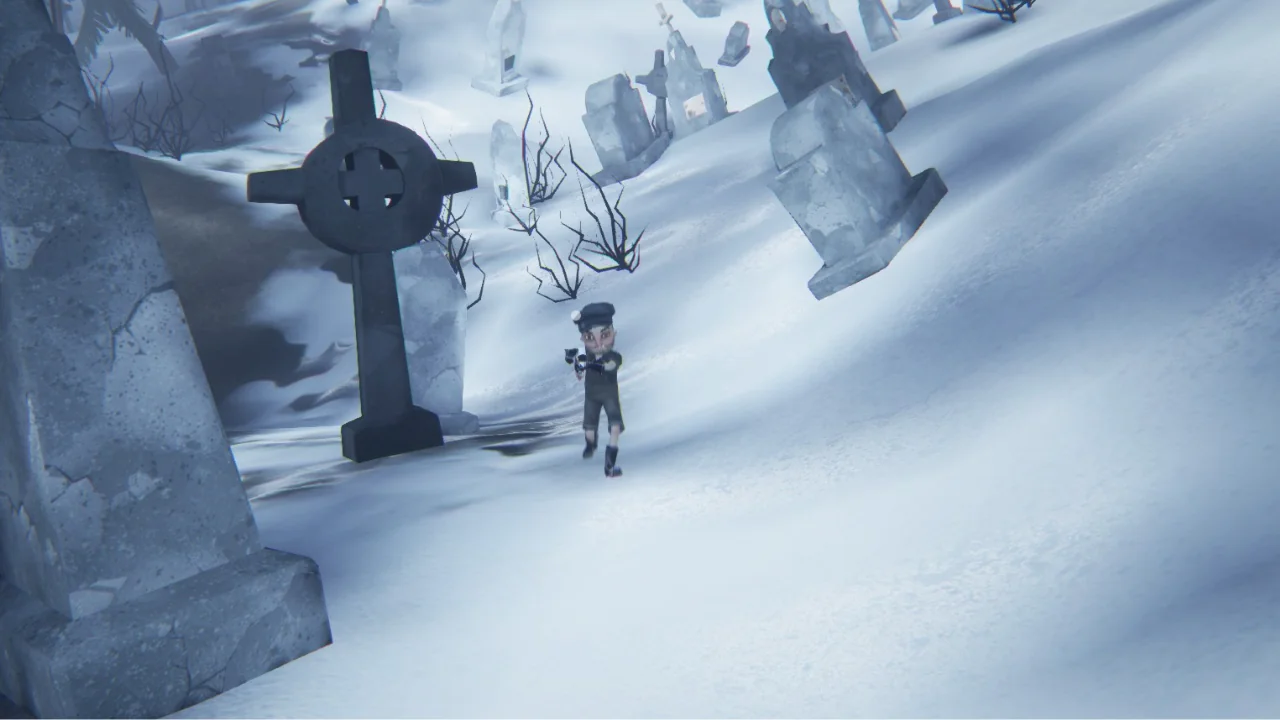 Stylized 3D game scene featuring a small, cartoonish character armed with a slingshot in a snowy graveyard with numerous tombstones and a large Celtic cross.