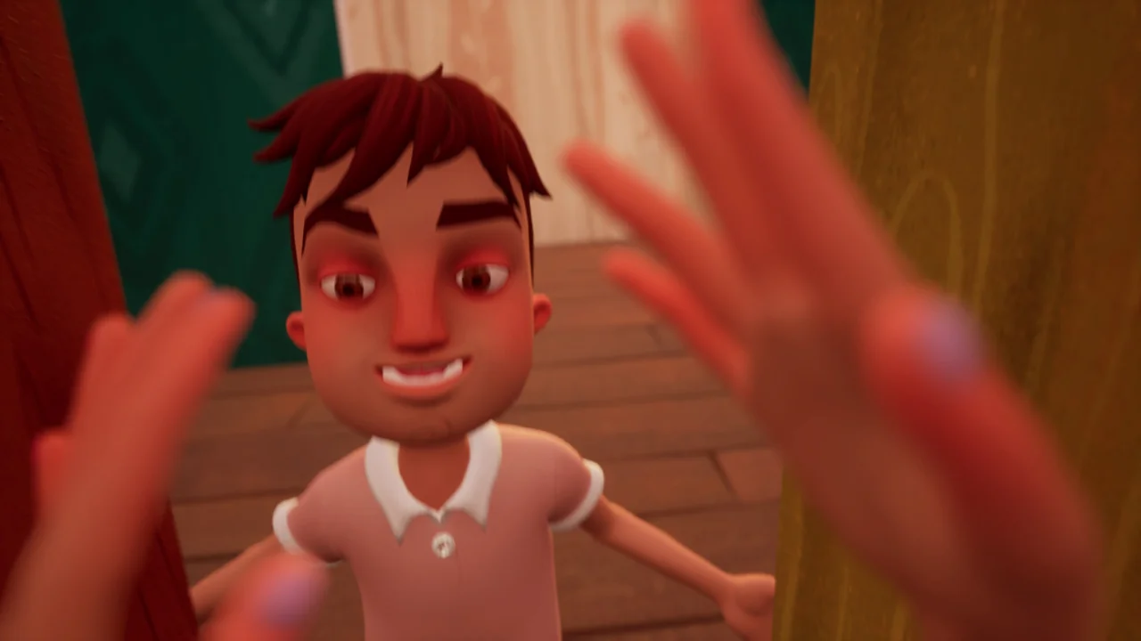 First-person view of a stylized male character with red eyes and a wide smile from the Hello Neighbor series, framed by blurred hands.