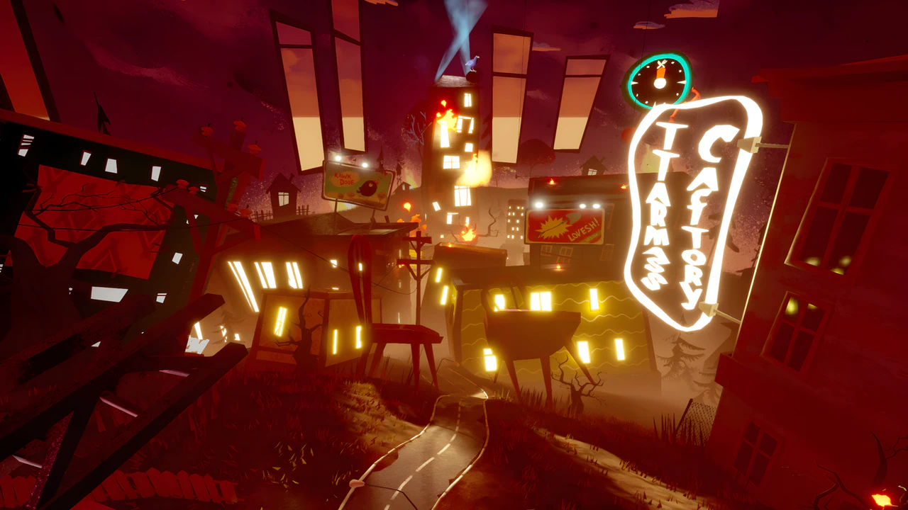 Hello Neighbor Hide and Seek gameplay screenshot featuring stylized graphics and the Caffitory sign environment.