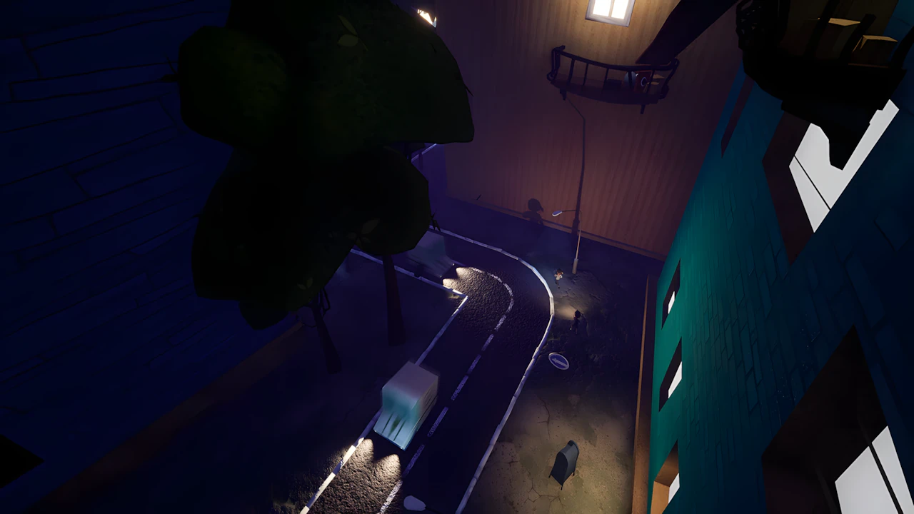 Hello Neighbor Hide and Seek diorama street view gameplay screenshot with stylized 3D graphics and low-poly art style.