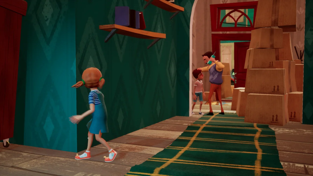 A 3D animated scene from a game showing a girl walking away from a man talking on a phone with a boy, surrounded by moving boxes in a house.