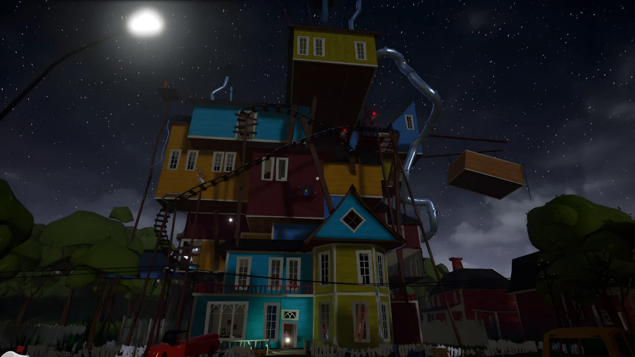 The iconic, impossibly designed, multi-story house from Hello Neighbor at night, with a roller coaster track and pipes.
