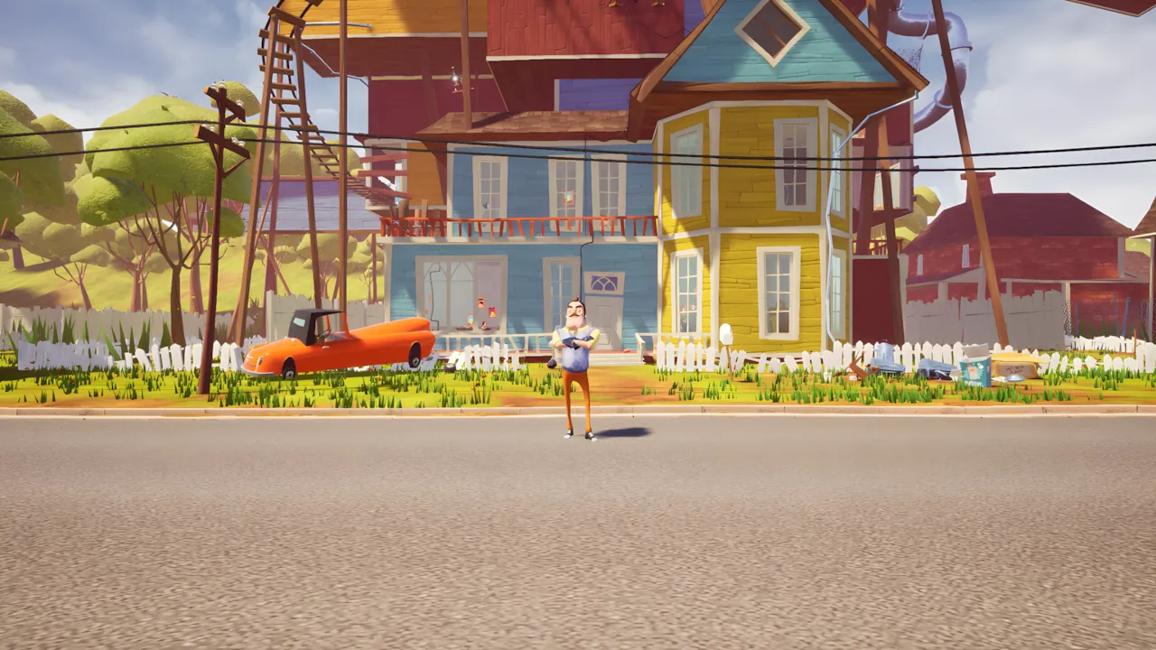 Screenshot from Hello Neighbor showing the Neighbor standing in front of his multi-story, colorful, eccentric house with an orange car nearby.