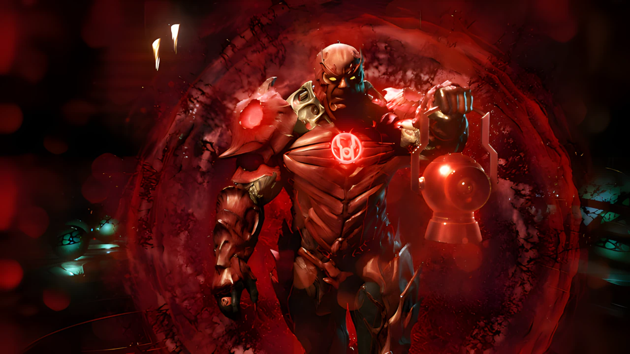 Atrocitus Red Lantern in Injustice 2 gameplay, featuring 4K texture detail and advanced particle effects on Unreal Engine.