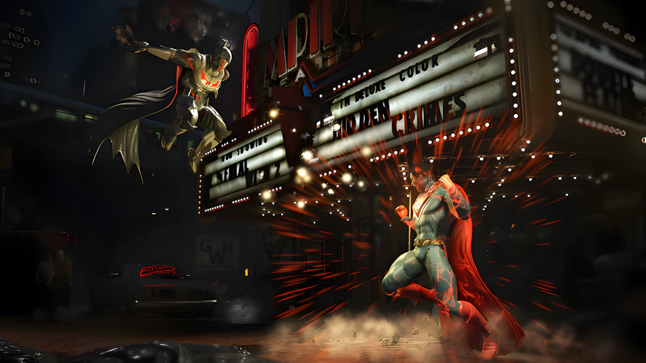 Injustice 2 Batman vs Superman fight at Empire Theater. 4K high-performance gaming graphics and detailed armor textures.