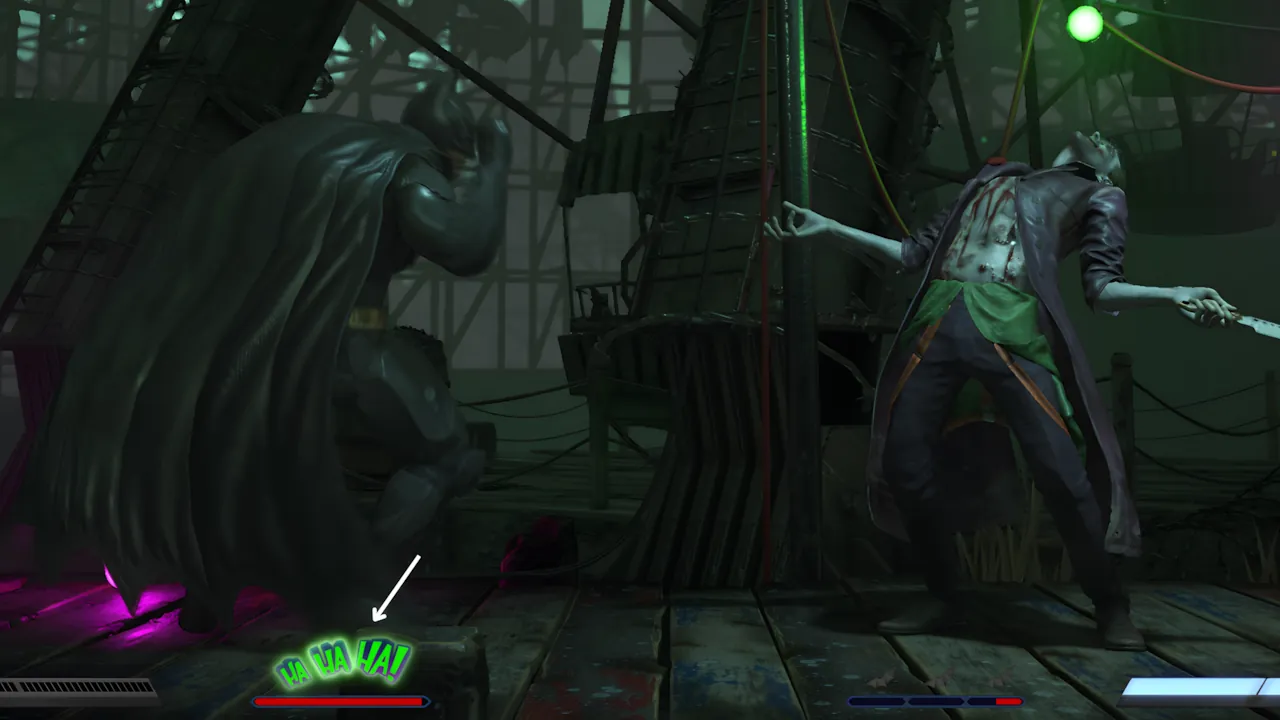 Batman crouches, back to viewer, facing an injured Joker holding a knife in a dark, industrial Injustice 2 arena, with game HUD showing health bars and 'HA HA HA!' on the floor.