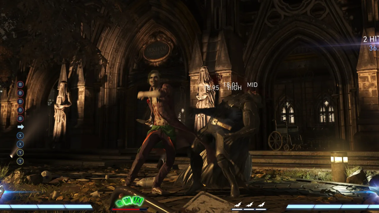 Injustice 2 gameplay: The Joker mid-attack on Batman in a dark, gothic Arkham Asylum environment, showing UI, inputs, and damage.