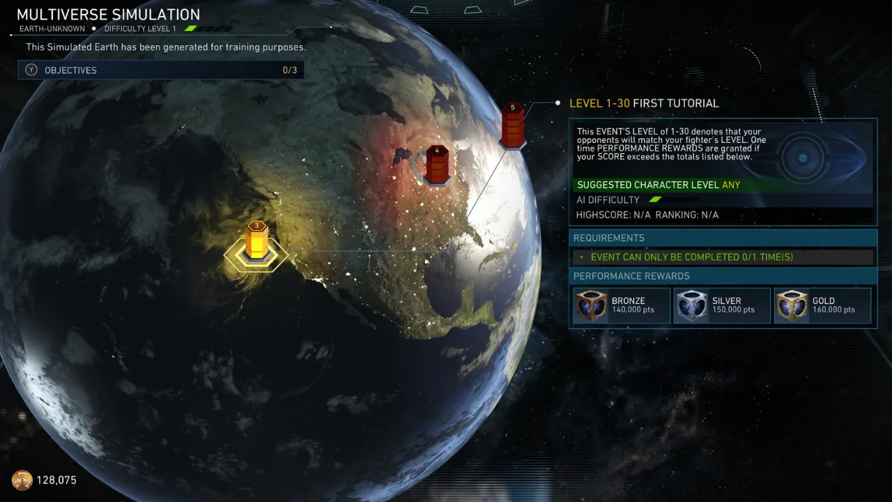 Screenshot of a Multiverse Simulation map from a fighting game, displaying mission objectives, event details, rewards, and a holographic Earth.