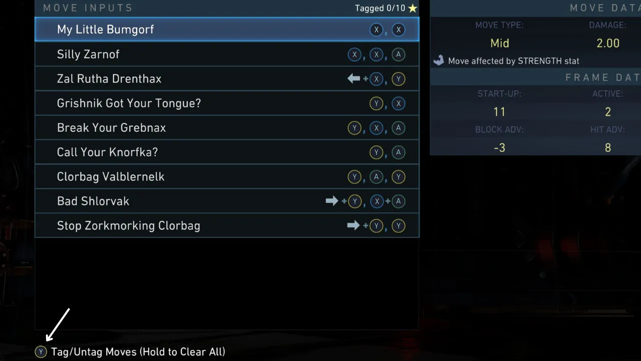 A fighting game move list screen showing 'My Little Bumgorf' selected with its inputs (X, X) and detailed frame data.
