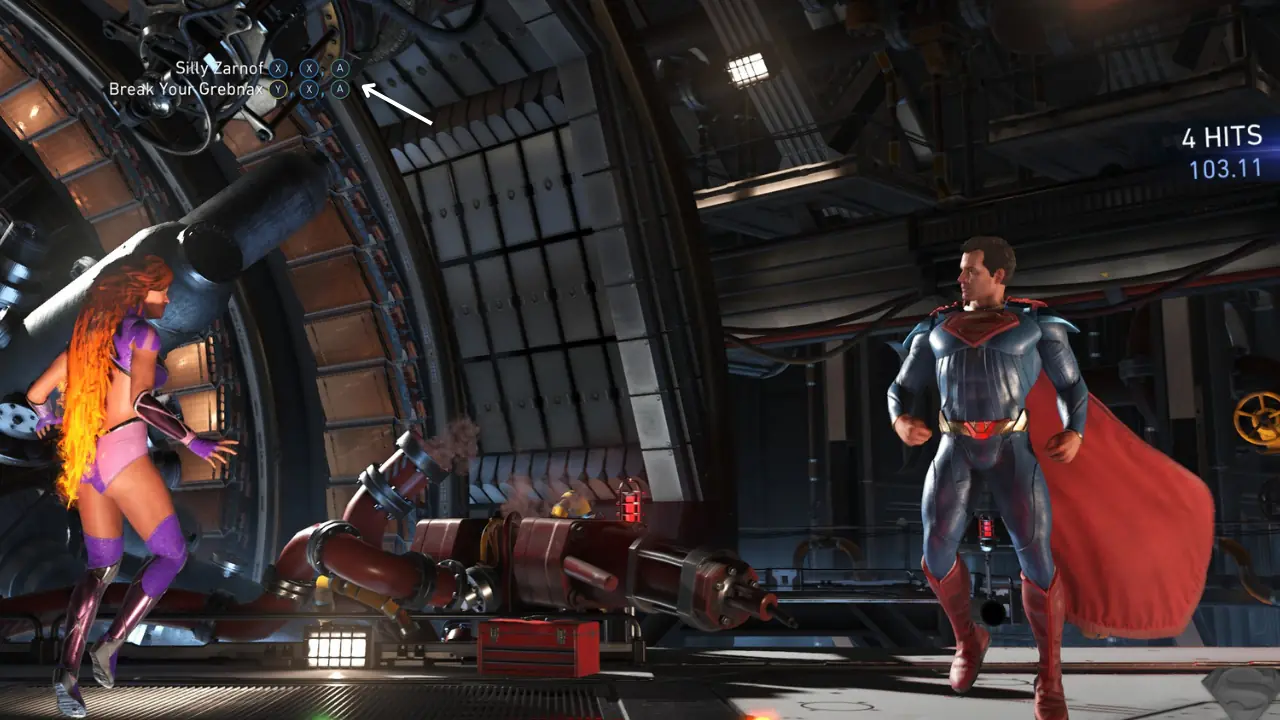 Injustice 2 gameplay featuring Starfire and Superman in a futuristic industrial stage, displaying a combo counter and controller inputs.