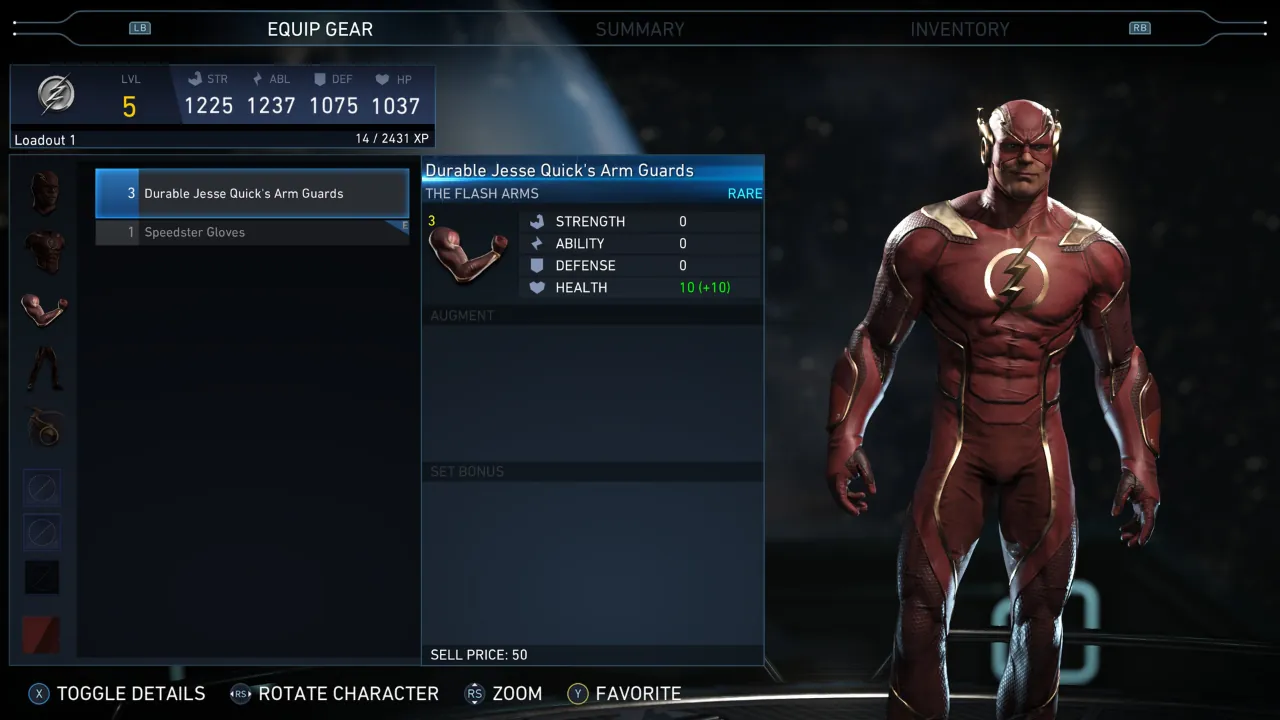 Video game equip gear screen for The Flash, showing character stats, gear list, detailed 'Durable Jesse Quick's Arm Guards', and 3D model.
