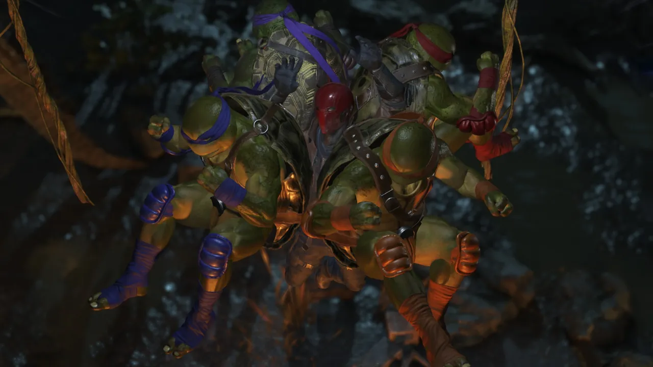 Teenage Mutant Ninja Turtles and Red Hood in a dynamic combat pose within a video game, showcasing detailed character models and lighting.