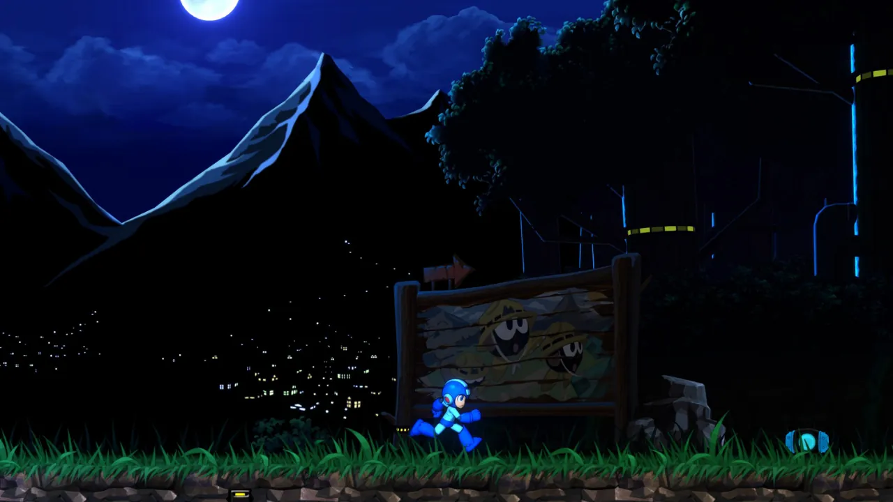 Mega Man running at night on a grassy platform, mountains and city lights in background, glowing futuristic structures.