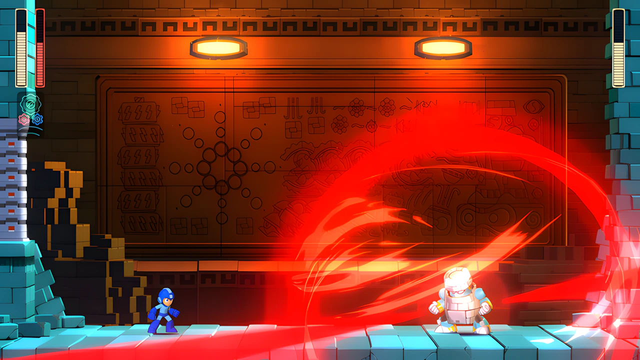 Mega Man 11 gameplay screenshot showing the Block Man boss fight and falling block attack in high-definition 2.5D.