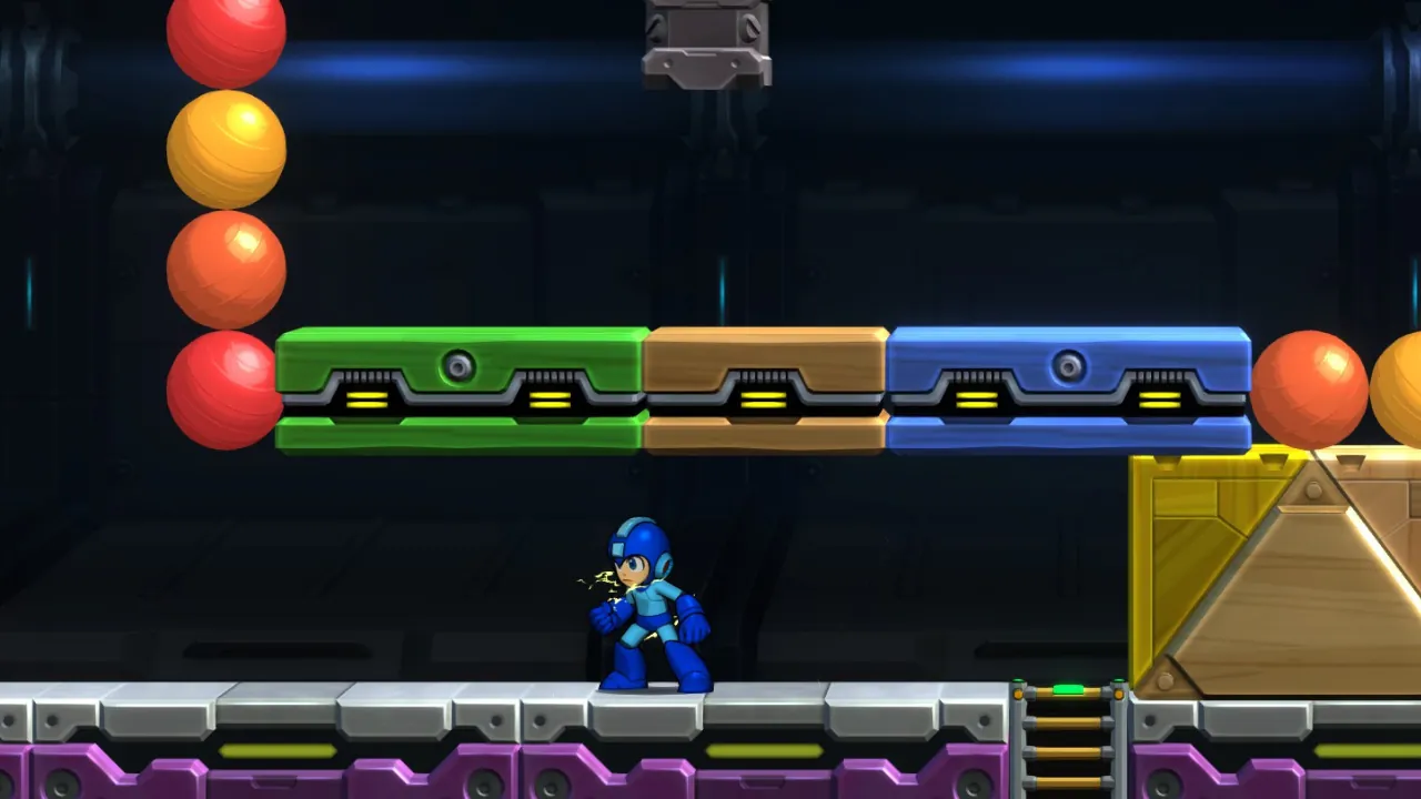 Mega Man charging his buster on a futuristic platform, with colorful interactive blocks and spheres in a puzzle-like stage.