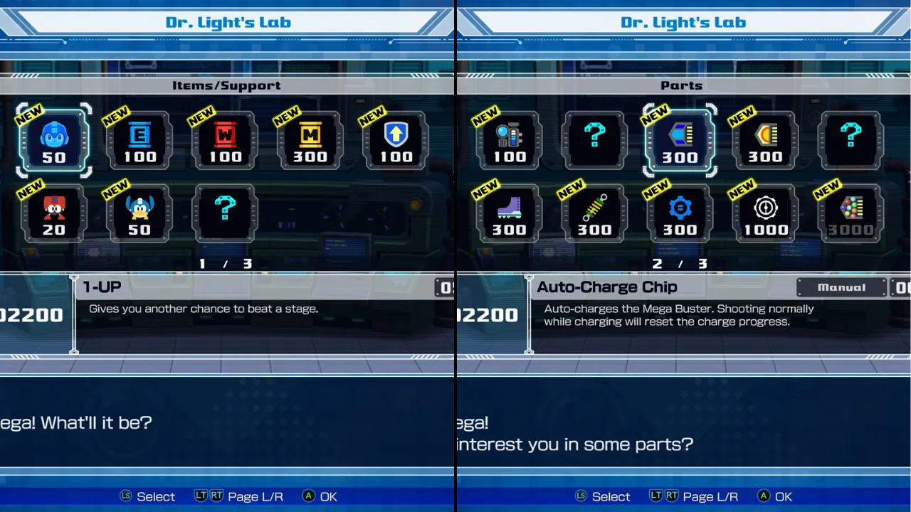 Screenshot of Dr. Light's Lab shop menu in a Mega Man game, showing 'Items/Support' on the left with a 1-Up selected and 'Parts' on the right with an 'Auto-Charge Chip' selected.