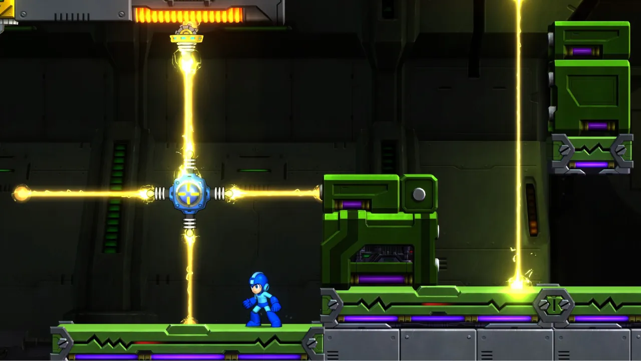 Mega Man on a green platform in an electrified futuristic facility, with yellow energy beams connecting power conduits and machinery.