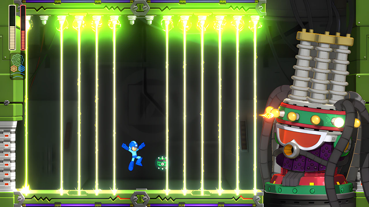 Mega Man 11 Fuse Man boss fight gameplay with electric traps and Double Gear system UI in high-definition 2.5D.