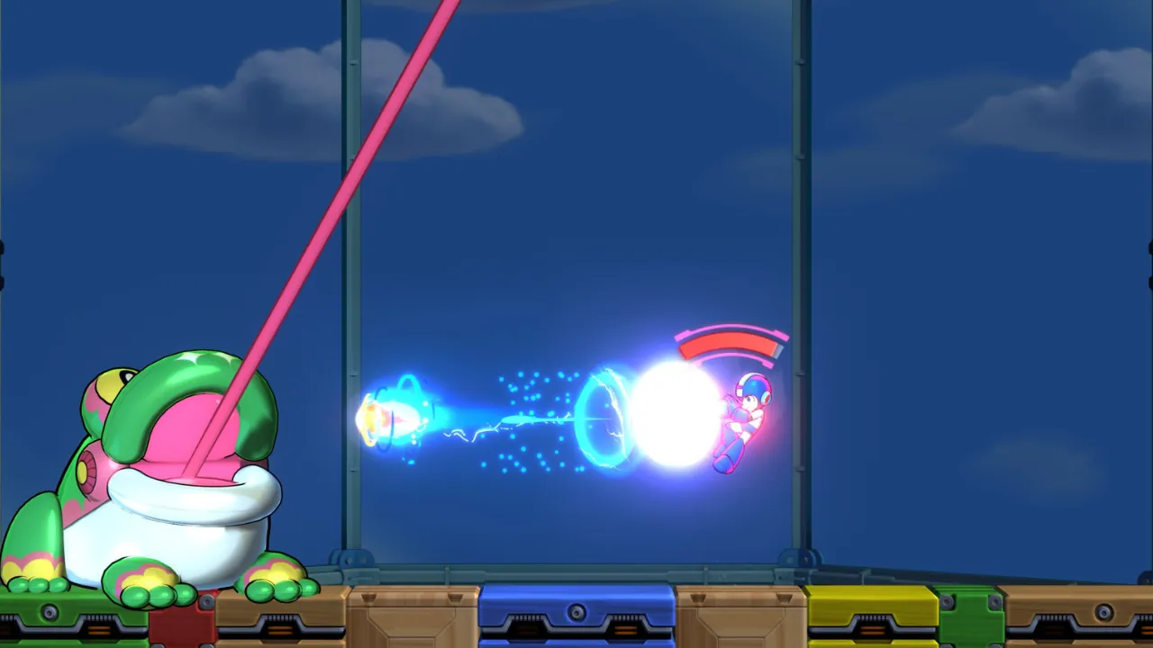 Mega Man charges a powerful white energy shot, battling a green frog boss that attacks with a pink laser tongue in a 2D platformer.