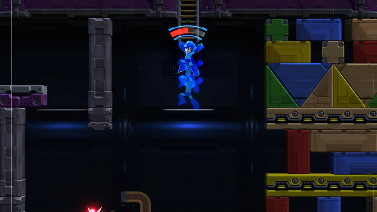 Mega Man mid-jump with a glowing blue spectral clone, above futuristic platforms and a vibrant wall of geometric blocks.