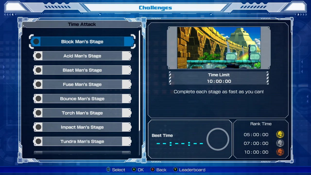 A detailed screenshot of the Mega Man 11 Challenges menu, displaying the 'Time Attack' section with Block Man's Stage selected.