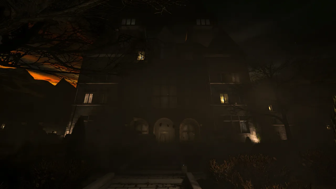 Dark, eerie mansion at night with glowing windows and misty grounds, a typical horror game setting.