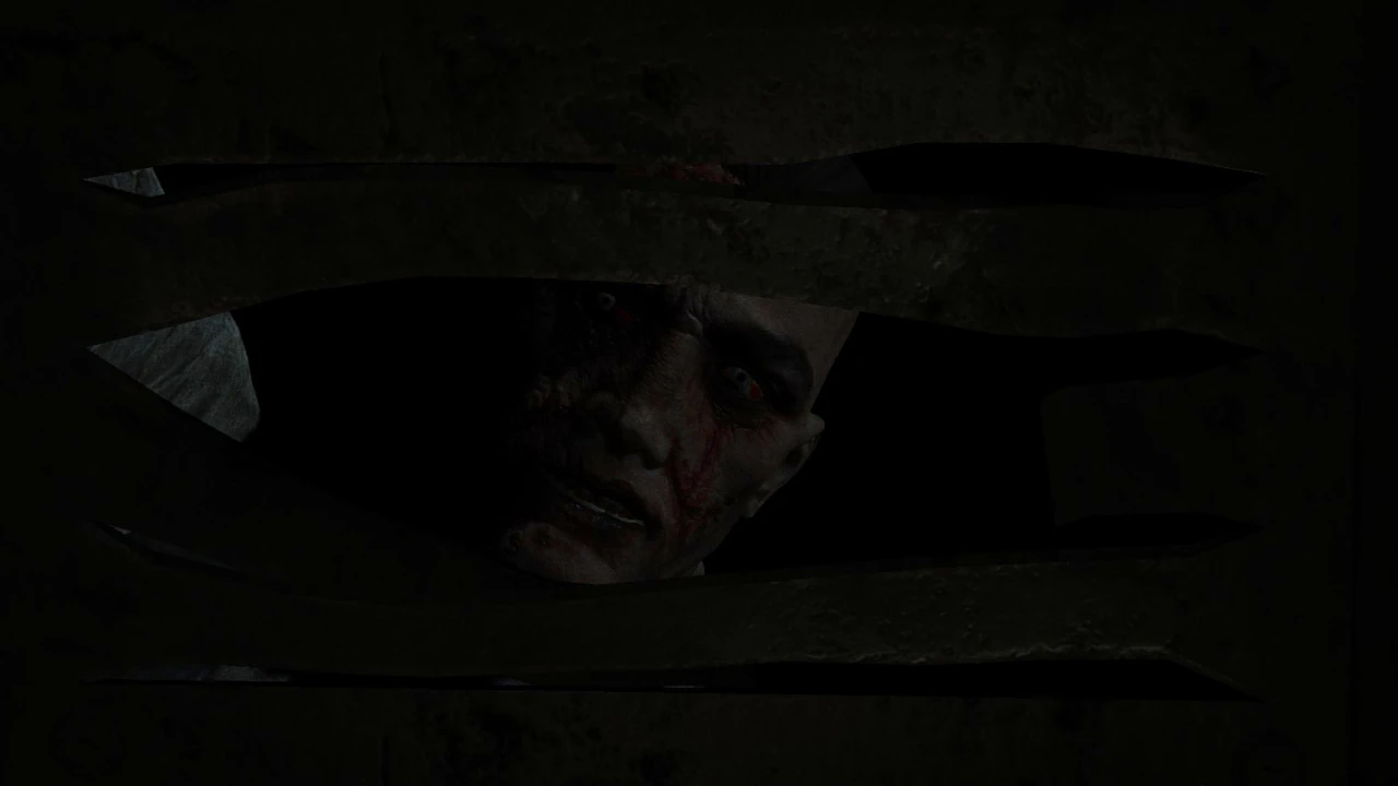 A character with a scarred face and red eyes peering through horizontal gaps in a dark wooden structure.