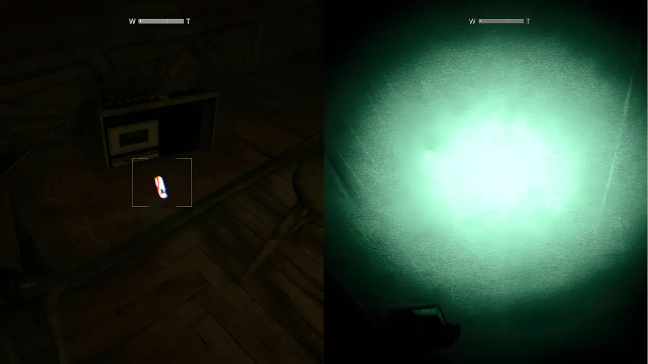 Split-screen gameplay comparison of a dark room with a highlighted item versus a bright green night-vision effect.