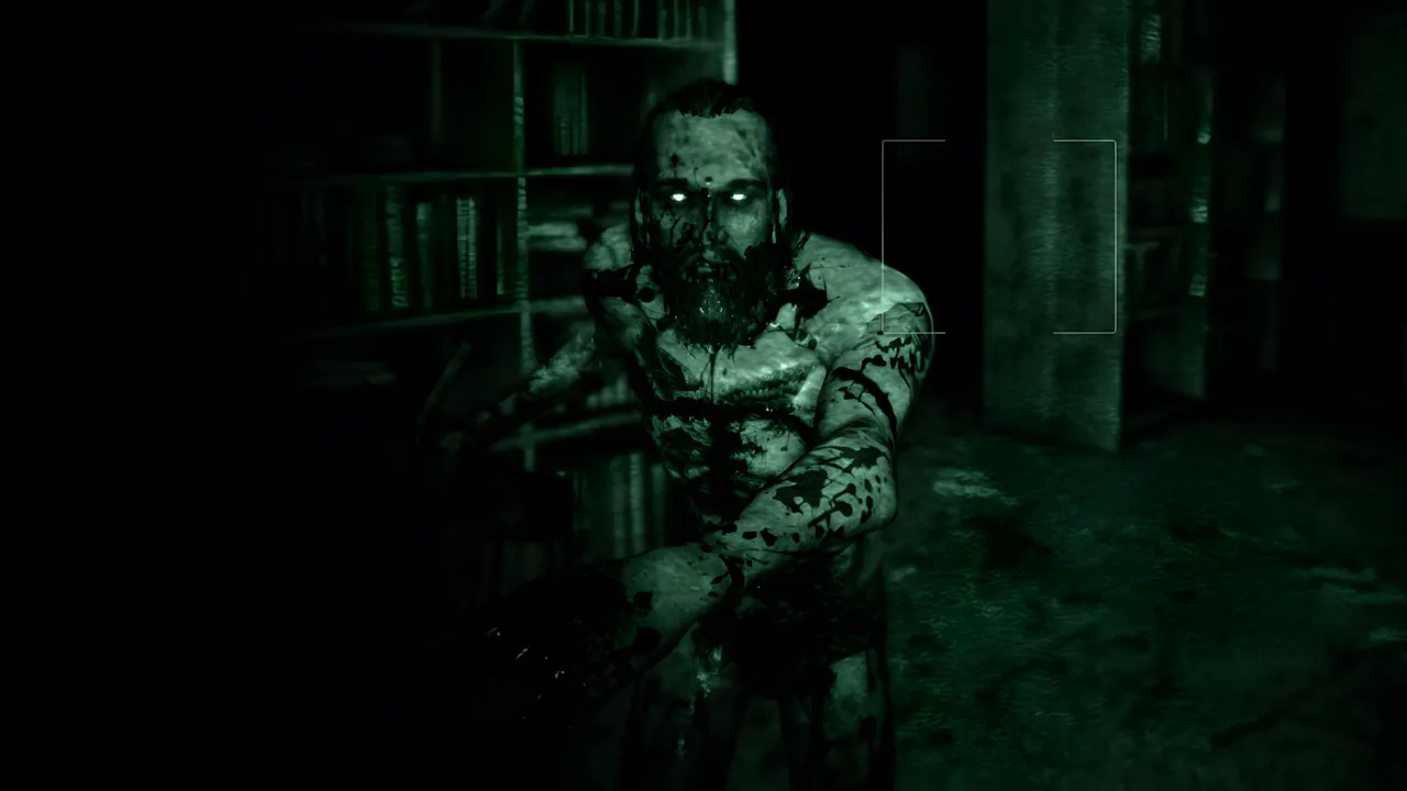 Monstrous man with glowing eyes in green-tinted night vision from a horror video game.
