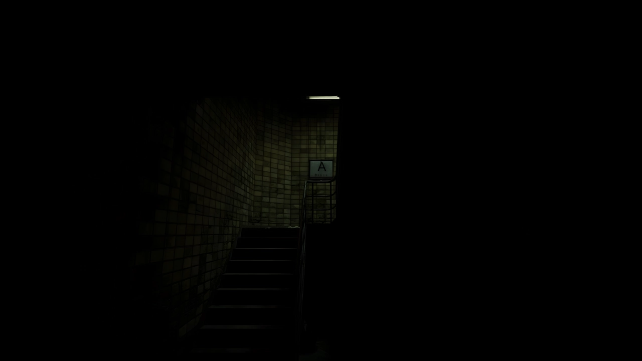 Dark tiled staircase with 'A Block' sign, cinematic lighting in a horror game setting.