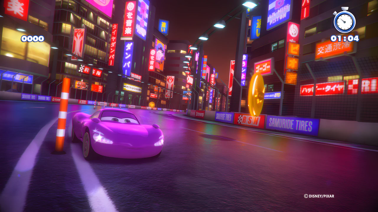 Rush: A Disney-Pixar Adventure gameplay featuring Holley Shiftwell purple race car in a vibrant Tokyo night circuit.