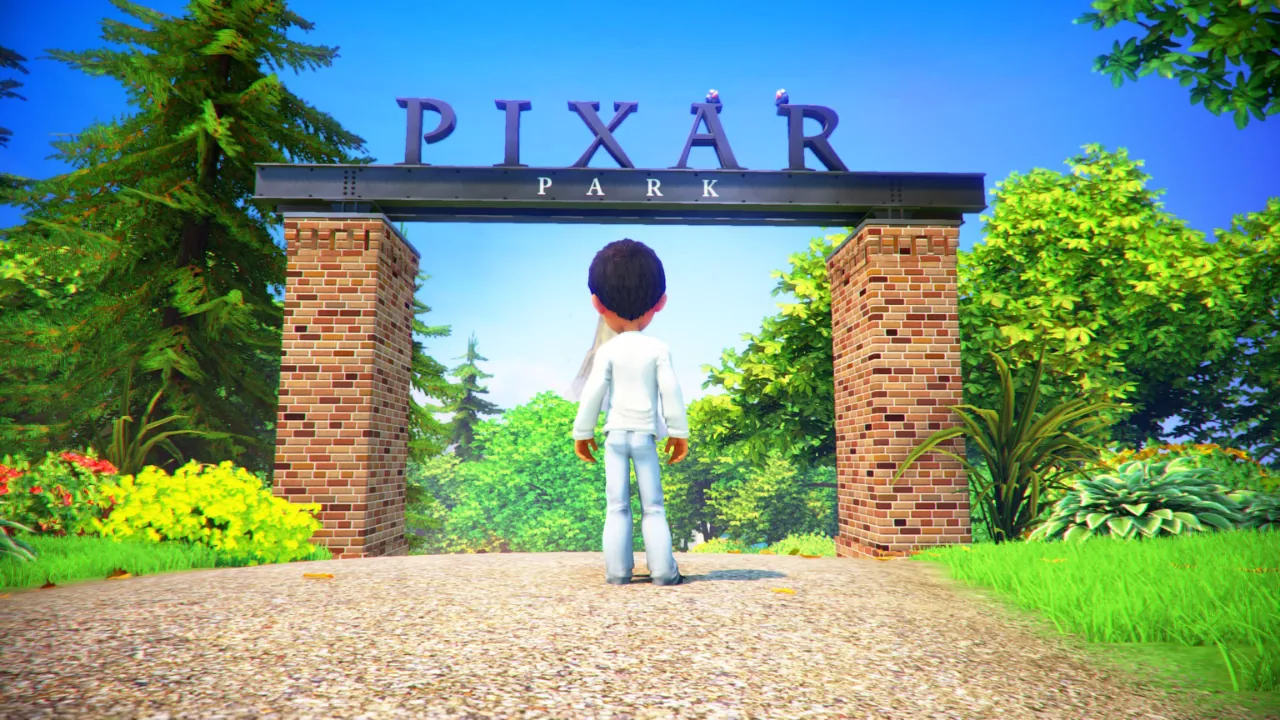Rush: A Disney-Pixar Adventure gameplay screenshot of the Pixar Park entrance hub with 4K high-resolution textures.