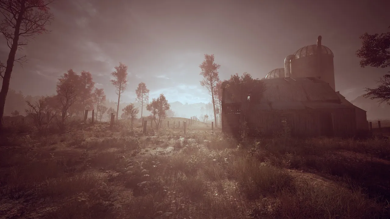A moody game screenshot of a dilapidated barn and silos in a misty, overgrown rural landscape under a reddish-brown sky.